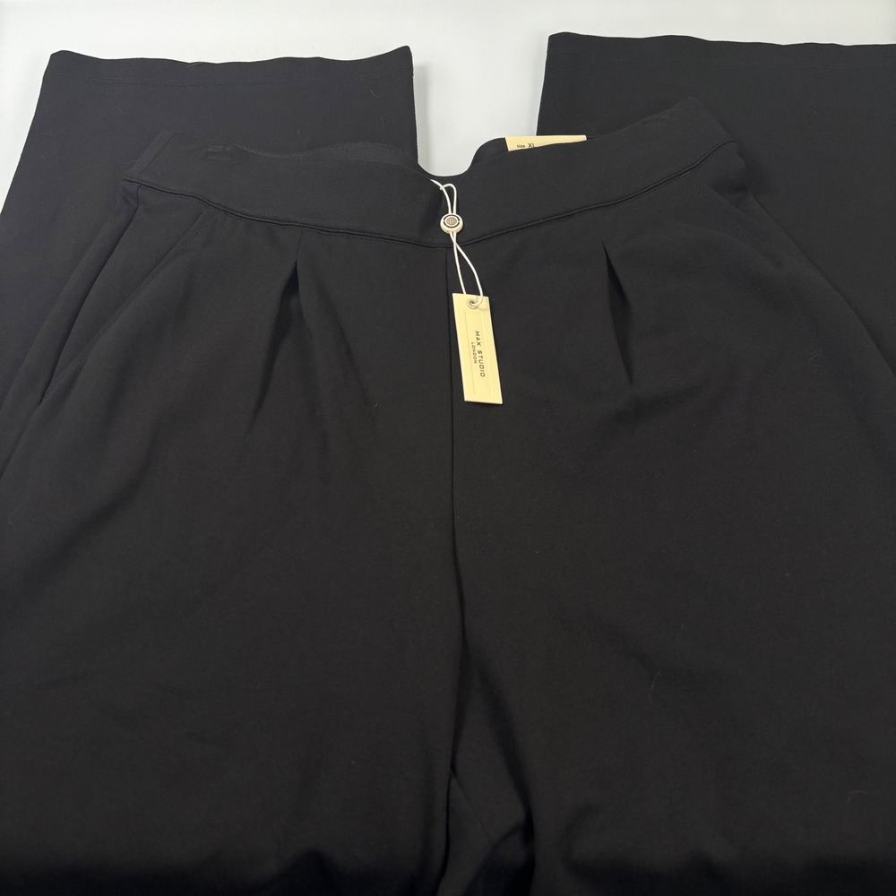 Max Studio Women XL Black Pleated Wide Leg Trousers NEW Mid Rise Stretch Elastic